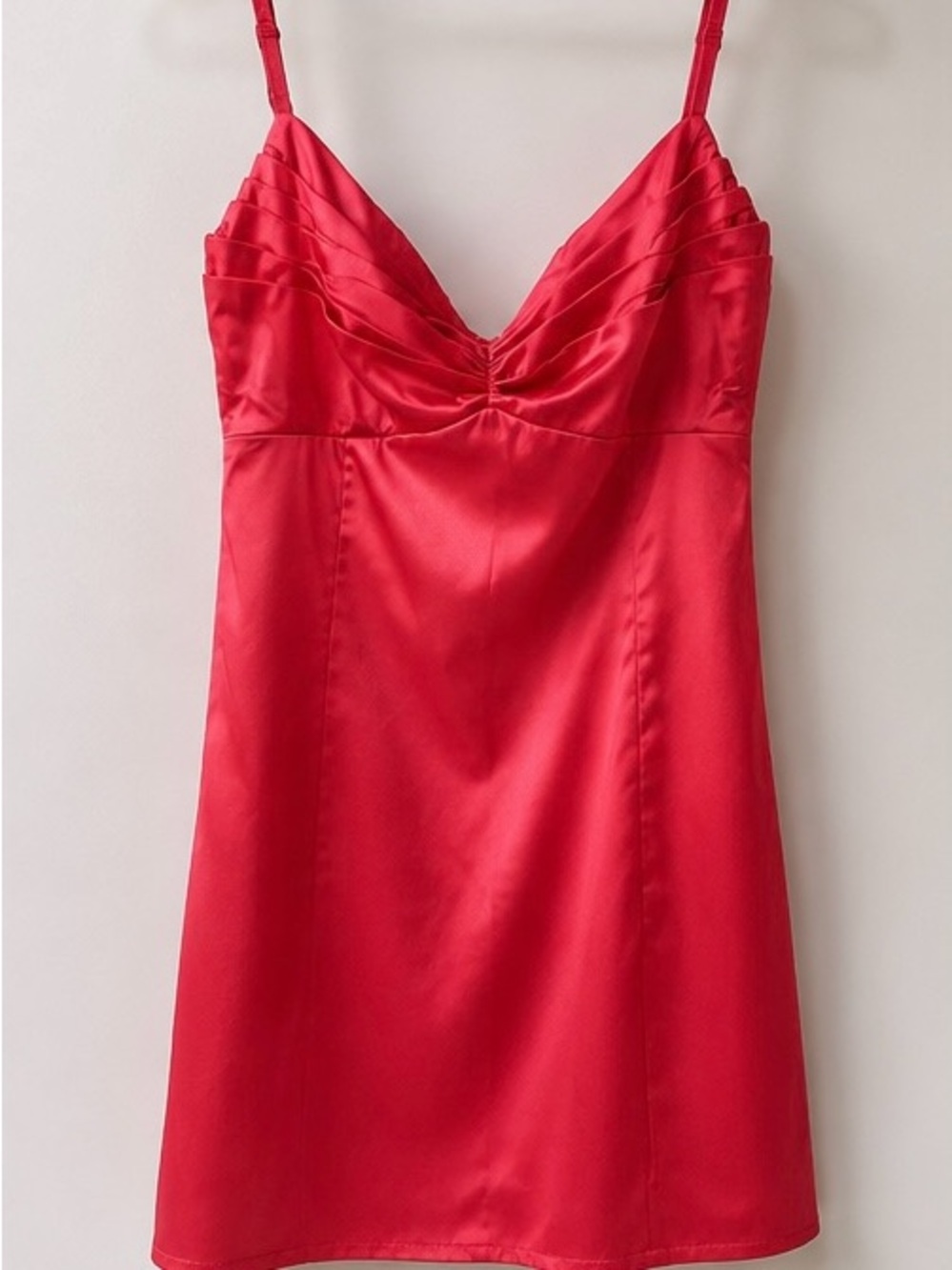 Beginning Boutique Red Satin Slip Dress with Pleated Bust